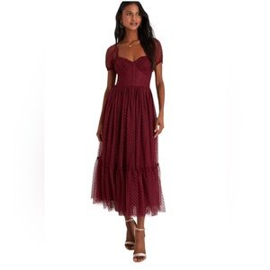 Lulus Sweet Amour Burgundy Tulle Swiss Dot Tiered Bustier  Midi Dress Size Large